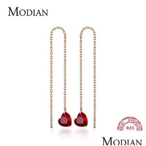 Dangle Chandelier Sier Simple Red Crystal Heartsチェーンイヤリング925 SterlingAAA Cubic Zirconia Drop Earring for Women 210707ドロップDHKF6