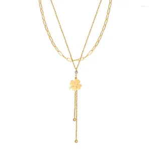 Pendant Necklaces Delicate Double Layer Necklace Crystal Hang Four-leaf Clover Stainless Steel Gold Plating Lucky Jewelry For Women