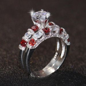 Seu casal e seu casal toca jóias de moda vintage 925 Sterling Silver Round Cut Topaz Ruby Cool Gemtones Ring Bridal Set para Love2208