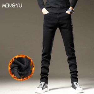 Herr jeans vinter fleece varm svart mäns stretch mager jeans mode bomull smal fit denim byxor koreanska flocking byxor manliga streetwear j231222