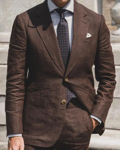 Summer Brown Linen Suit for Men Casual Male Clothing Wedding 2 -częściowy Slim Fit Blazers Man Kurtka Kostium Homme 231221