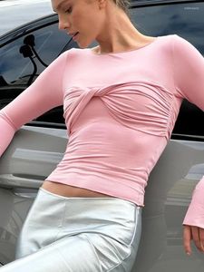 Women's T Shirts Pink T-shirt Women O-neck Long Sleeve Folds Tie Knot Slim Tops Streetwear 2024 Woman Clothing Elegant Fall Winter Bottoming