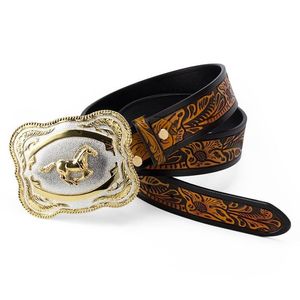 Belts Big Alloy Buckle Golden Horse Leather Belt Cowboy Leisure For Men Floral Pattern Jeans Accessories Fashion273A