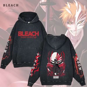 Japanska anime hoodies blekmedel Kuroaki ichigo tryckt pullover syra tvättade 100% bomullströjor långa ärmar lösa manliga toppar