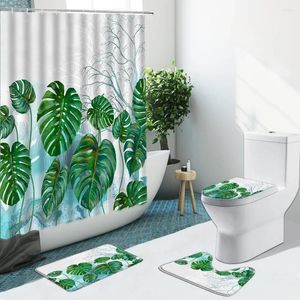 Duschvorhänge tropische Pflanze Palmblatt Blume Flamingo Vorhang Stoff Badezimmer Set Nicht-Schlupfteppiche Flanell Dekor Toiletten Teppich mit Haken