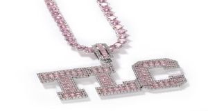 Różowa bagietka solidne litery niestandardowe wisior naszyjnik z łańcuchem tenisowym lodowany spersonalizowany biżuteria7954735