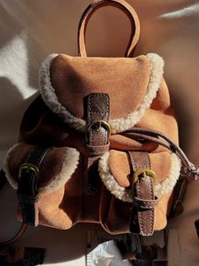 School Bags Vintage Brown Faux Suede Small Backpack Women Autumn Winter Preppt Style Lambhair Patchwork Pockets Shoulder Bag Female