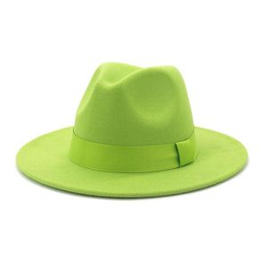 Lime Green Solid Color Wool Feel Jazz Fedora Hats z zespołem wstążkowym Women Men Mężczyznę szeroki Brim Panama Party Trilby Wedding Hat246P4002520