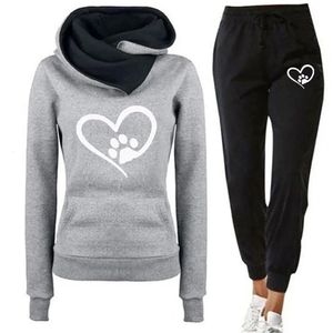 Женские толстовки брюки Set Set Heart Print Sport Outfit Женская толстовка с капюшоном, брюки бегающего аппарата для осенней зимней фитнеса 231222