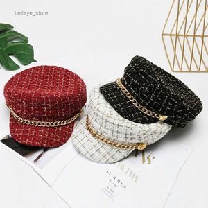 Wide Brim Hats Bucket Hats Pearl Chain Flat Top Navy Hat Fashion Beret Newsboy Caps Berret Woman Octagonal Hats Women's Designer Apparel boinas clasicasL231221