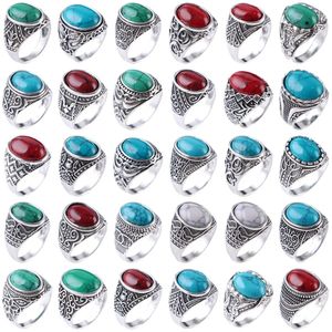 Bandringe Großhandel Großhandel 30pcs/Los Vintage Bohemia Geometrie Turquoises Steinring für Männer Frauen Finger Antik