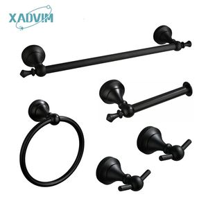 Matte Black Bathroom Accessories Hardware Set Aluminum Alloy Wall Mount Towel Bar Ring Toilet Roll Paper Holder Robe Hook 231221