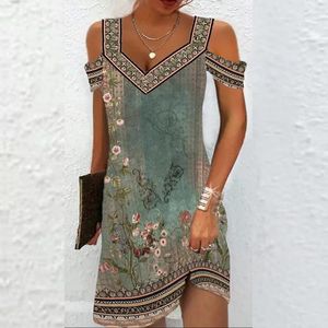 Casual Dresses Sexy Off Shoulder Women's Dress Fashion Elegant V Neck Printed Strap Mid Summer Lady Loose Party Plus Size