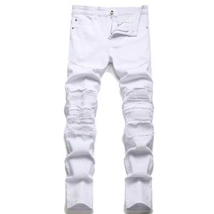 Herren Jeans High Street Fashion White Jeans Hole Patch Elastizität Slim Fit Falten -Jeans Skinny Massive hochwertige Jeanshosen J231222