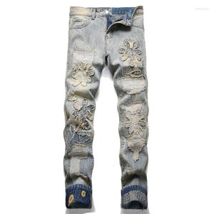Mäns jeans 2024 Spring Ripped Patch Retro Blue Slim Mid-midjig elastisk manschetterad Hip Hop Casual Pants