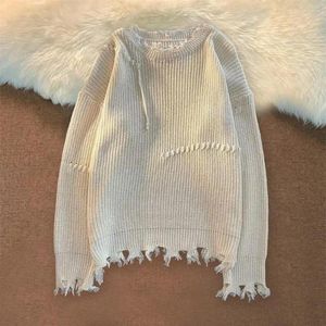 Herrenpullover Fransen Detail Pullover Quastel warm gestrickter Pullover mit gerissenen lockeren Passform für Herbst Winter Langarm