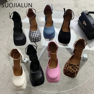 Suojialun 2023 Spring Brand Sandal Shoes Fashion Round Toe Close Ankel Strap Mules Square High Heel Dress Pumps 231221