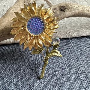 Brooches Vintage Plant Sunflower Corlorful Glass Green Leaf Brooch Woman Jewelry