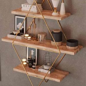 Racks Prisma Parede Sólida 3 Prateleiras Cozinha Banheiro Estante Grande Tamanho Premium Madeira Natural Ouro e Preto Cor Metal Moderno Decorativo X0