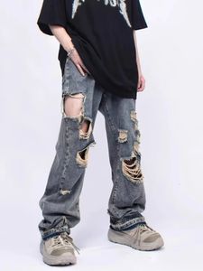 Men's Wear Casual Y2K Jeans Men Korean Fashion Personalized Straight Tube Hole Male Trousers Vintage Wide Leg 231221