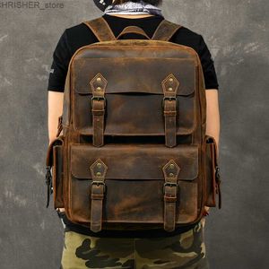 Outdoor Bags Vintage Crazy Horse Genuine Leather Backpack Men Bagpack Cowhide Hiking Backpack 17"laptop Bag Male Travel Rucksack Large M815L231222