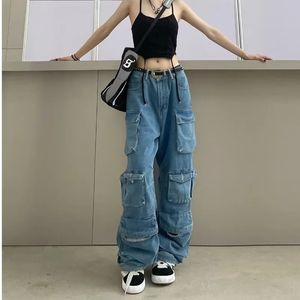 ファッショントレンディな日本システムジーンズ女性マルチポケットブルーウォッシュ貨物パンツY2Kレトロストリートウェアローウエストワイドレッグ231221