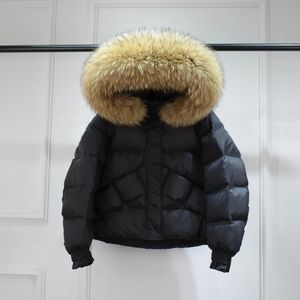 Lagabogy Big echte Waschbär Fell Winterpufferjacke Frauen Kurz weiße Entenmantel Lose warme weibliche wasserdichte Kapuze Parka 231221