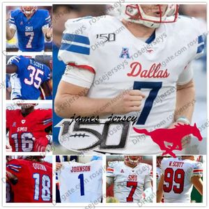 Jam Custom SMU Mustangs 2020 Football White Blue Red 7 Shane Buechele 5 Xavier Jones 3 James Proche 150th Men Youth Kid Jersey 4XL