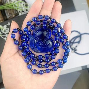 Pendant Necklaces Natural Blue Agate Chalcedony Jade Necklace Jewellery DIY Hand-Carved Relax Healing Women Man Gift Sweater Chain