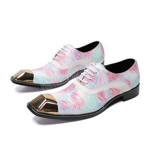 Pink Print Graffiti Genuine Leather Shoes for Men Business Work Office Lace-Up Dress Shoes Metal Toe Mixed Colors Social Shoe