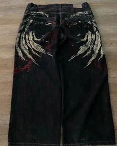 Hiphop skelett handtryck vintage överdimensionerade mönster mångsidiga jeans för män y2k baggy estetic mode casual wide ben byxor 231221