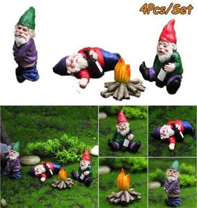 4pcs Fairy Garden Drunk Gnomes Miniature Ornaments Set Mini Dwarf Bonfire Statues for Planter Flowerpot Decor Accessories 2109084098573