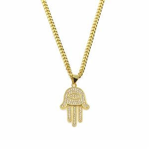 Hänghalsband guld silver fatima hamsa hand bling cz iced ut charm kubansk kedja för kvinnor män hiphop smycken268i