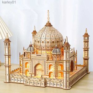 3D Puzzles 3D Puzzle Wooden House Model Royal Castle Taj Mahal With Light Wood Assembly Toy For Kids Adult DIY Model Kits for Gifts YQ231222