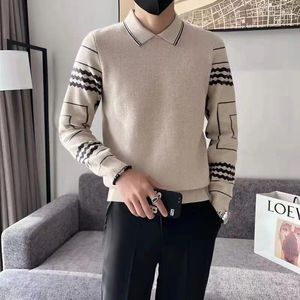 Men's Sweaters Autumn Winter Turn-down Collar Geometric Pullover Screw Thread Striped Long Sleeve Sweater Knitted Fashion Casual Tops