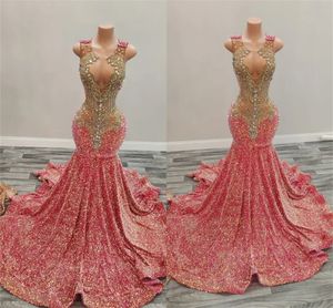 O-Ausschnitt Langes Rosa Abendkleid für Schwarze Mädchen 2024 Perlen Kristall Geburtstag Party Kleider Pailletten Abendkleider Robe De Bal es