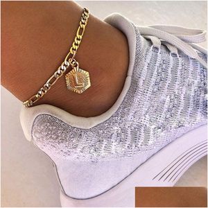 Anklets Dainty A Z Letter Anklet Hexagon Shaped Initial Ankle Armband Rostfritt stål Fötter smycken Legkedja kvinnor män gåvor 230107 DHJCF