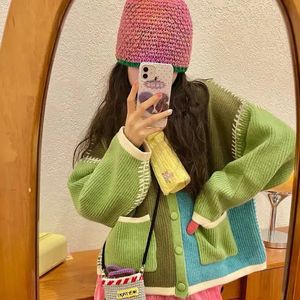 Knitted Cardigans Sweater Women Green Patchwork Vintage Open Stitch Singlebreasted Casual Streetwear Jumpers Outwear 231221
