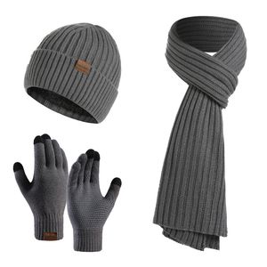 Men's Autumn Winter Keep Warm Set Beanies Gloves Scarf Male Woolen Yarn Knitted Muffler Spring Fall Hat Solid Color Neckerchief