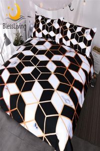 BlessLiving Geometric Bedding Set Black White Däcke Cover Set Marble Print Blocks Cube Bed Cover Fashionable BedleDs Queen5196789