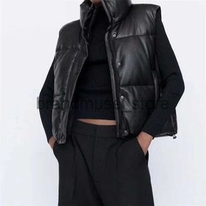 Women's Vests Fashion Streetwear Women Puffy Vest Winter Thick Parkas Jacket Black PU Female Coats Faux Leather Down Waistcoat Loose Lady Vest J231222