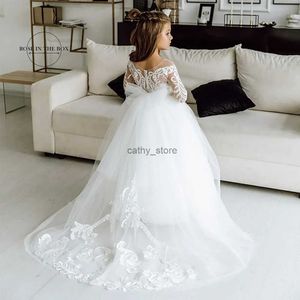 Girl's Dresses Long Sleeves Lace Princess Flower Girl Dresses 2022 Ball Gown Communion White Dresses For Little Girls Robe Mariage Enfant FilleL231222