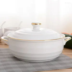 Ciotole pentola di zuppa in ceramica Nordic Phnom Penh bianco round 1.4l ciotola grande con utensili da cucina sul coperchio per le forniture per cucine per la casa