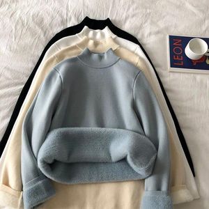 Kvinnors tröjor Half Turtleneck tröja Slim Thicken Plus Velvet Woman All-Match Soft Thick Sticked 4 Colors Inner Pullover