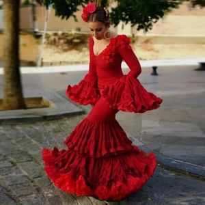 Party Dresses Red Mermaid Flamenco Prom Ruffles Flare Long Sleeves Tutu Tiered Celebrity Clowns for Women 2023 Evening Wear