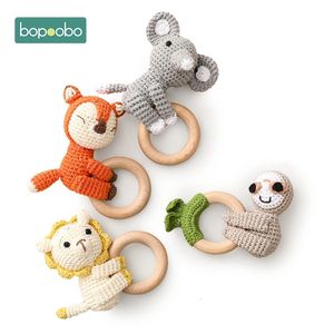 Bopoobo 1pc Baby Teether Beech Wooden Ring Crochet Rattle Nursing Pram Mobile Play Gym Educational Molar Toys for born Gifts 231221