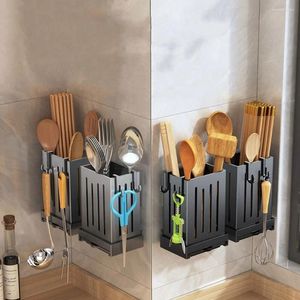 Kitchen Storage Plastic Draining Chopstick Holder Freestanding Black/Grey Utensil Rack With Hooks Wall-Mounted Cutlery Box Home