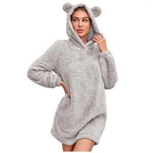 Kvinnors sömnkläder pyjamas klänningar för kvinnor plysch huva avslappnad vinter varm långärmad fuzzy fleece söt björn öron nattklänning miniklänning