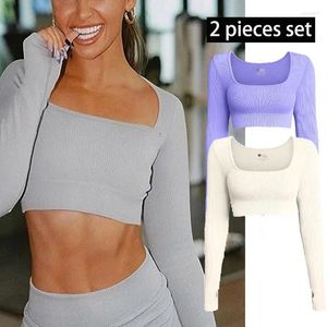 Camas de camisetas femininas T-shirt 2 peças Crop Crop Top Ritbed Equipe Funcional Exercício Tops de Manga Longa