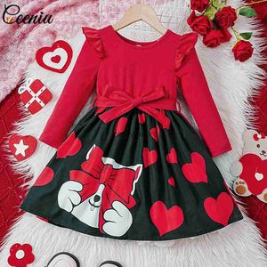 Girl's Ceeniu Party Sukienki Walentynki Patchwork Miłość Cat Serce Czerwona sukienka dla dziewcząt Ubrania dla dzieci Księżniczka Dressl231222